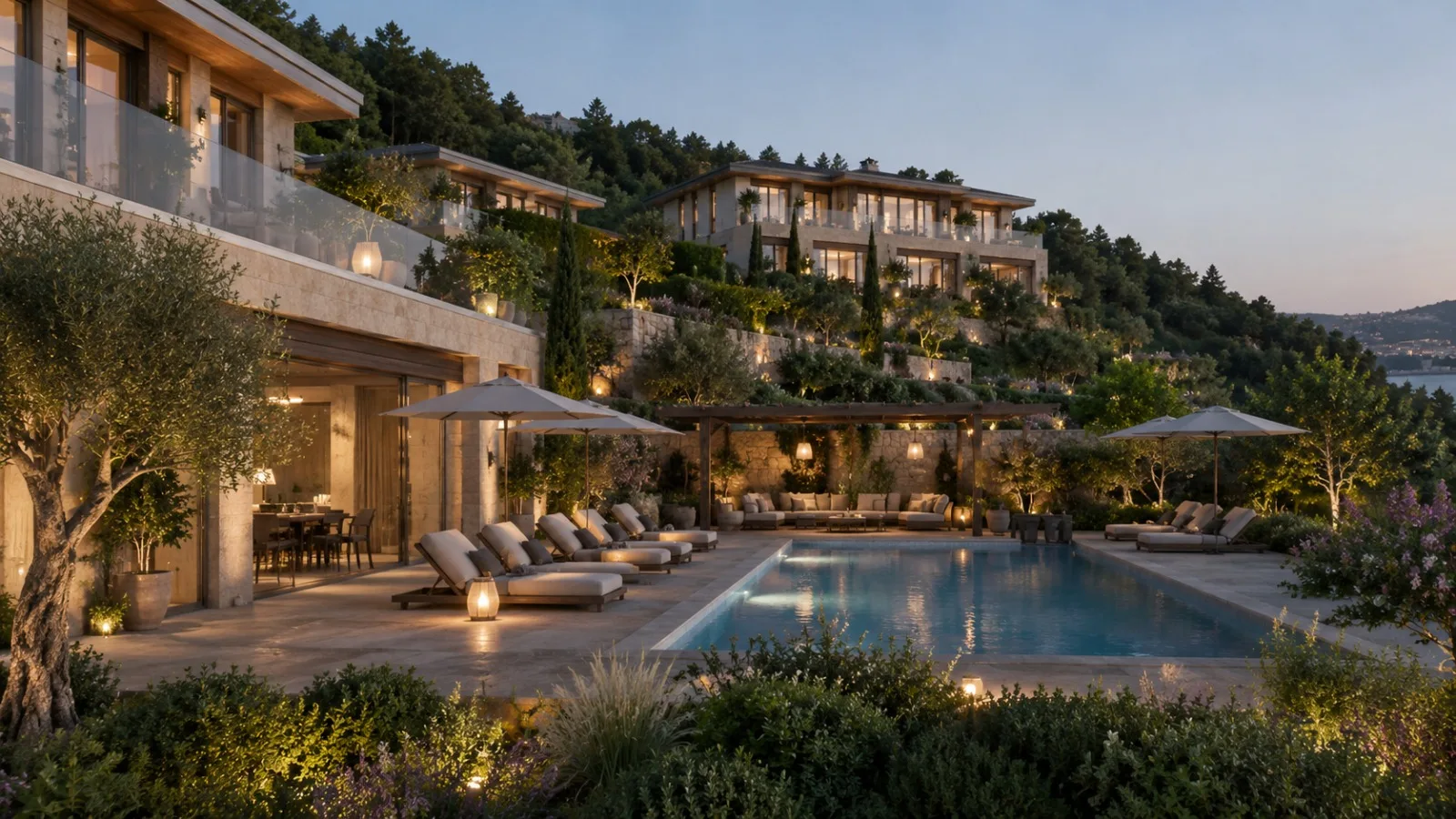 Landscaped pool terrace surrounded by boutique residences