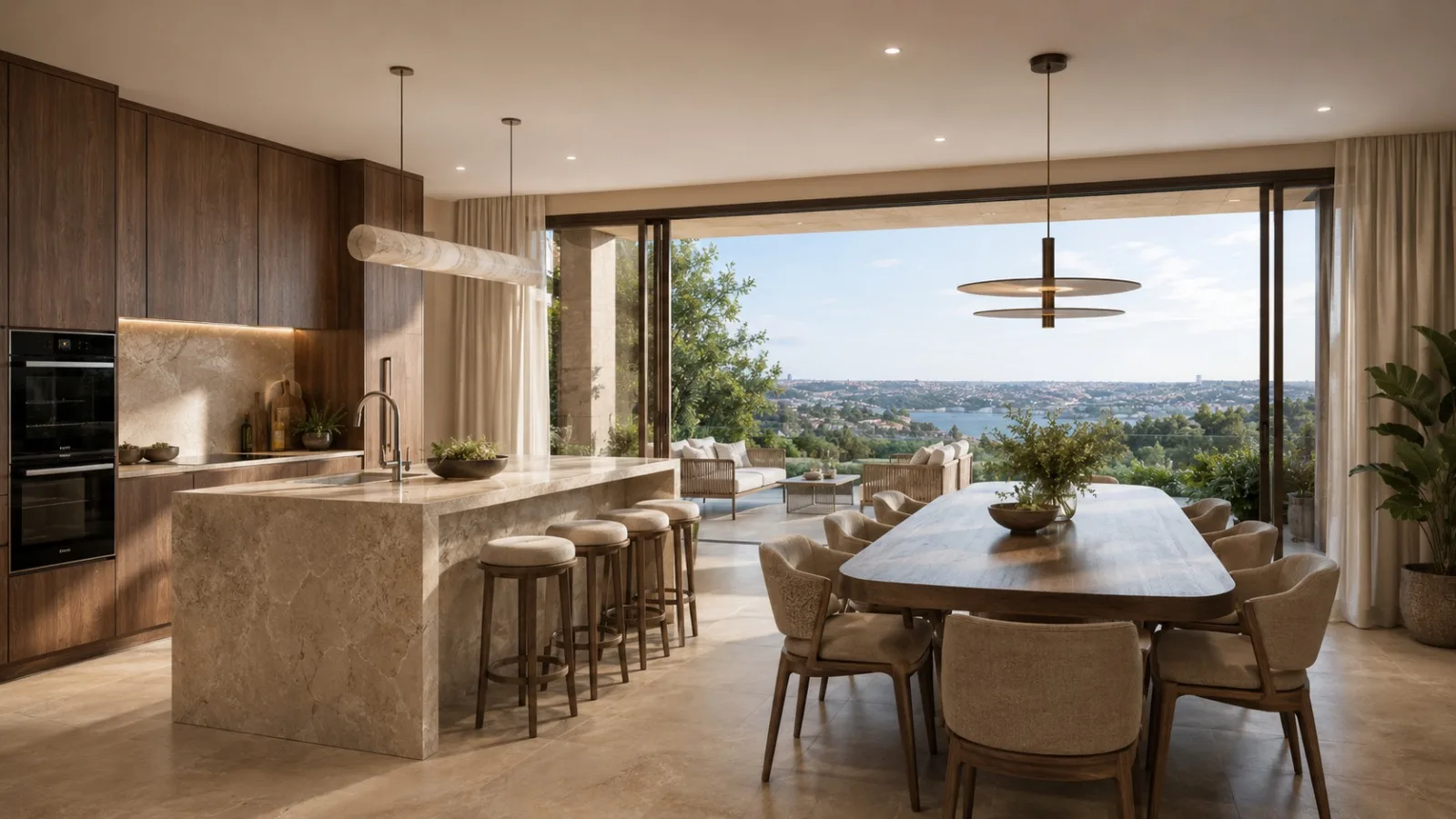 Kitchen and dining area with wide landscape views