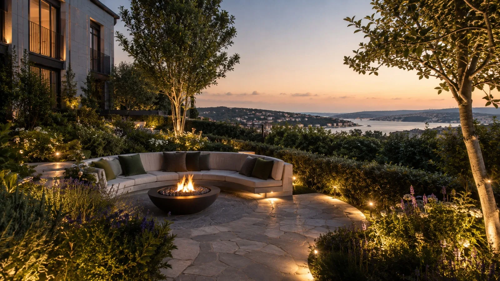 Outdoor firepit lounge overlooking the Bosphorus at dusk