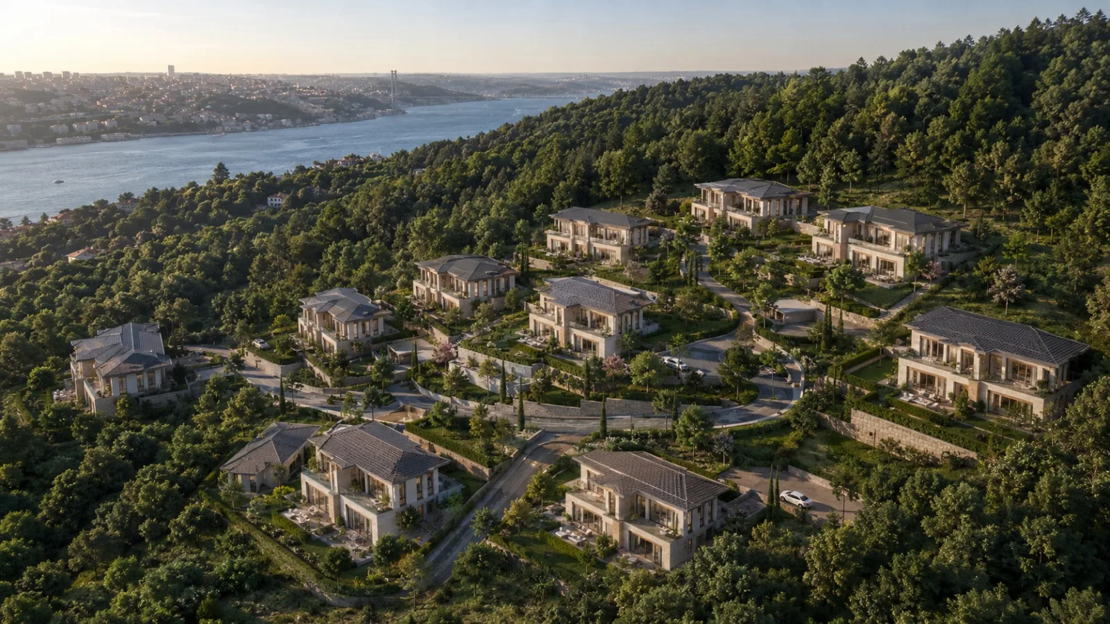 Aerial masterplan view of Beykoz Karlıtepe hillside residences